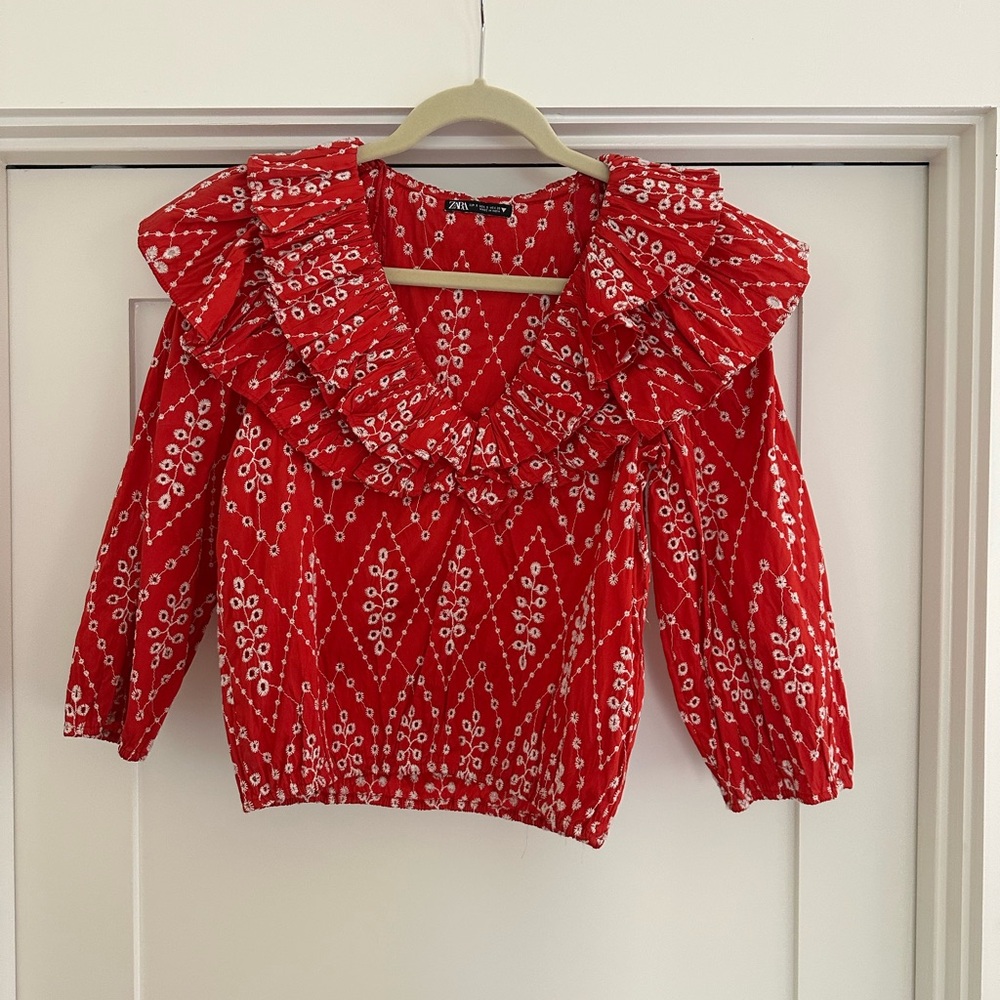 Zara Red and White Ruffled Blouse with Bib Collar